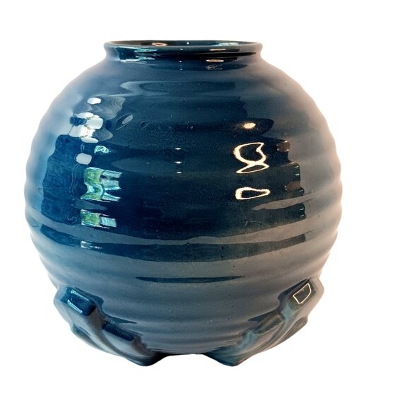 1930s Deep Blue Style Ribbed Geometric Design Art Deco Vase - Picture 1 of 14